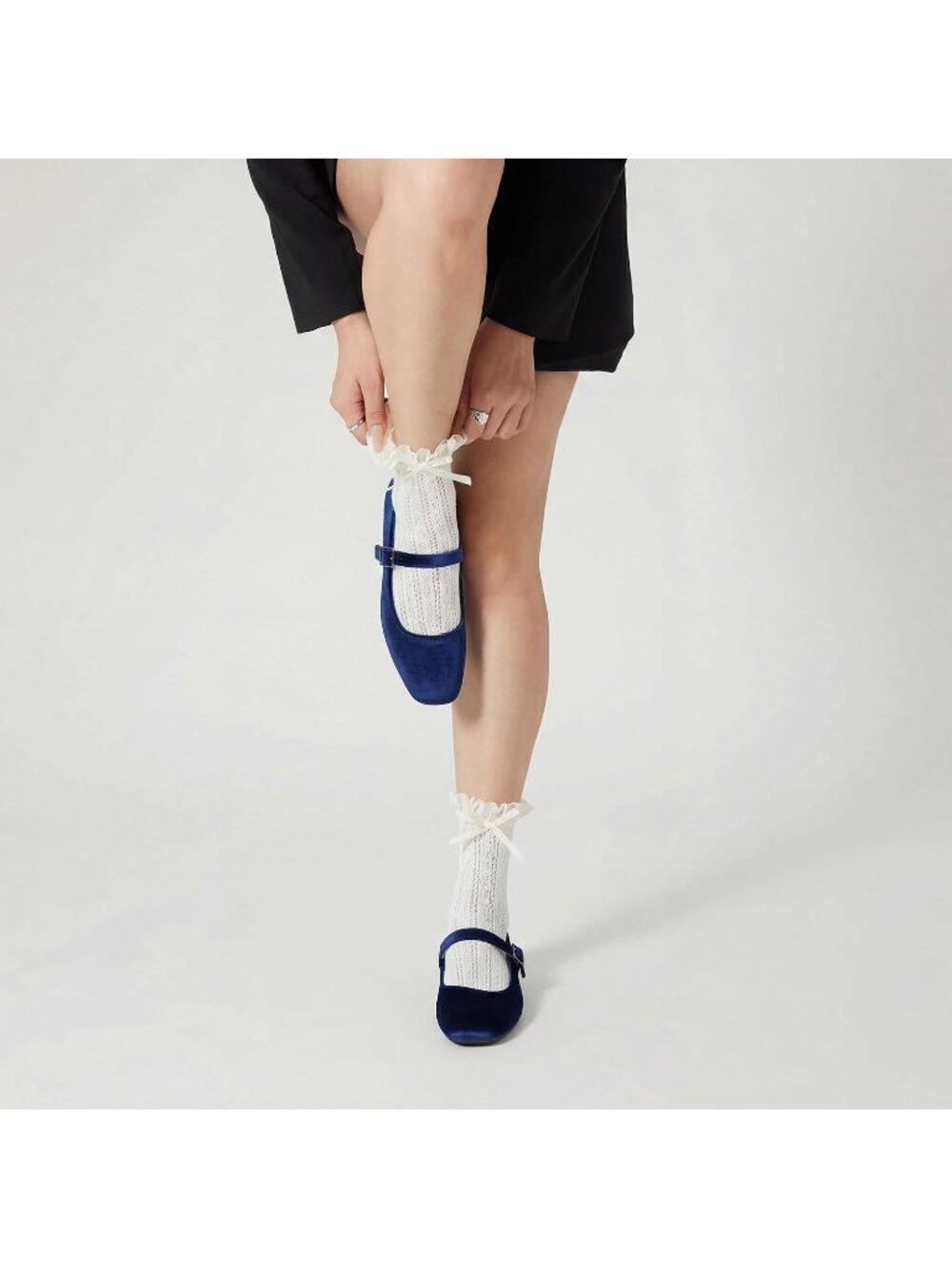 Women's Velvet Blue Comfortable Ankle Strap Square Toe Mary Jane Ballet Flat - Picture 6 of 6